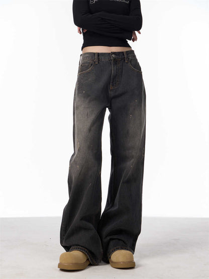 Retro Washed Splash-ink Straight Jeans For Women Loose Straight Trousers