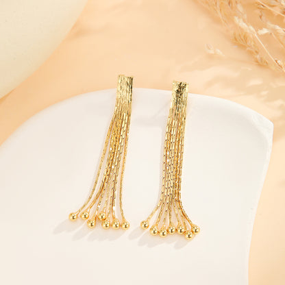 2pcs Fashionable Modern  Thin Chain Earrings, Gold Bead Tassel Earrings, Suitable For Women's Daily Party Wear, Birthday Gifts
