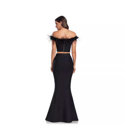 Ostrich Feather Off-shoulder Fishtail Dress Two-piece Set