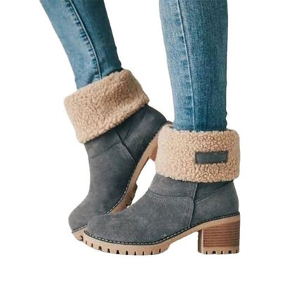 Suede Ankle Boots Adjustable Foldable Mid-Calf Boot Winter Flock Square Heels Shoes Fashion Plush Warm Platform Non-Slip Shoes