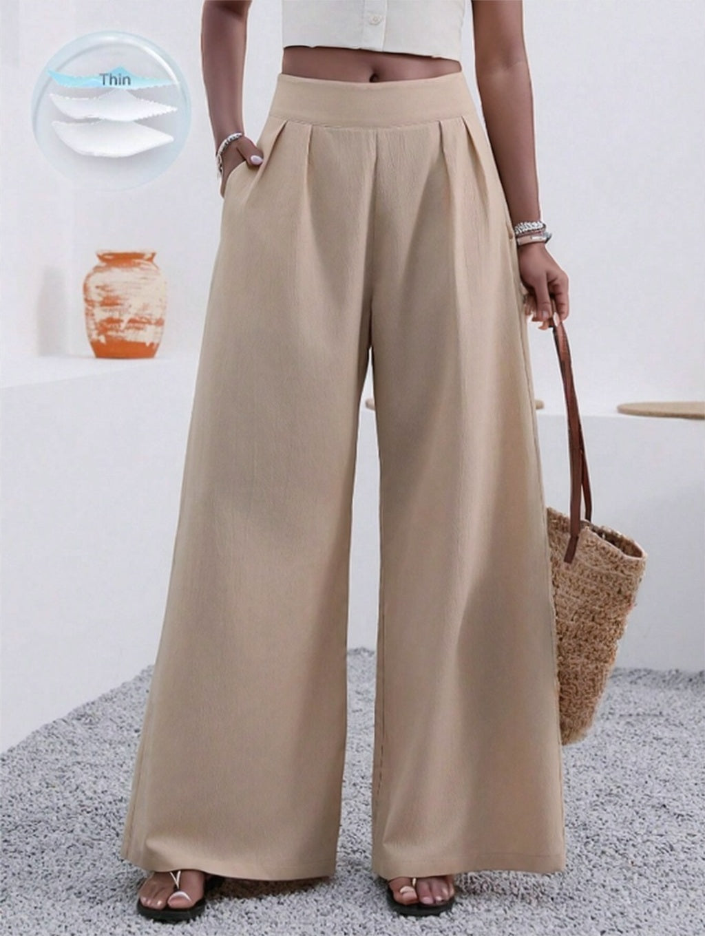Solid Color Loose Wide Leg Elegant Pants With Pocket