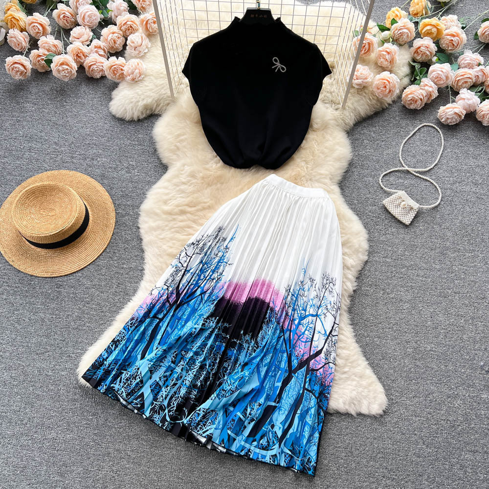 Women's Summer High-end Design Sense Niche Sleeveless Shirt Top Pleated Dress Two-piece Set