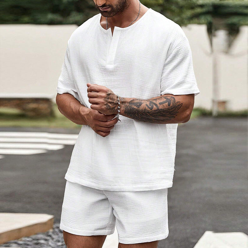 Summer Loose Casual Solid Color And V-neck Short Sleeve Shirt Shorts Suit