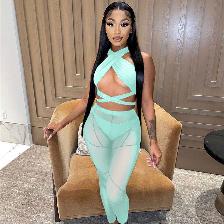 Women's Hollow Halter Cross Mesh Panel Three Piece Set