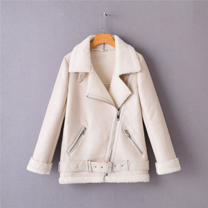Casual Simple Oblique Zipper PU Plus Velvet Jacket