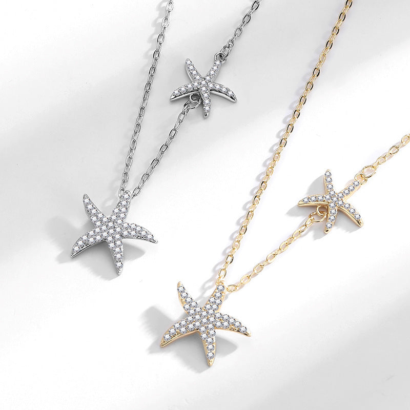 Double Starfish Full Diamond Necklace Female Fashion Special-interest