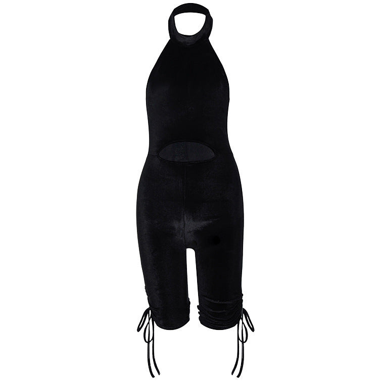 Halter Letters Hot Rhinestone Pleated Bodysuit