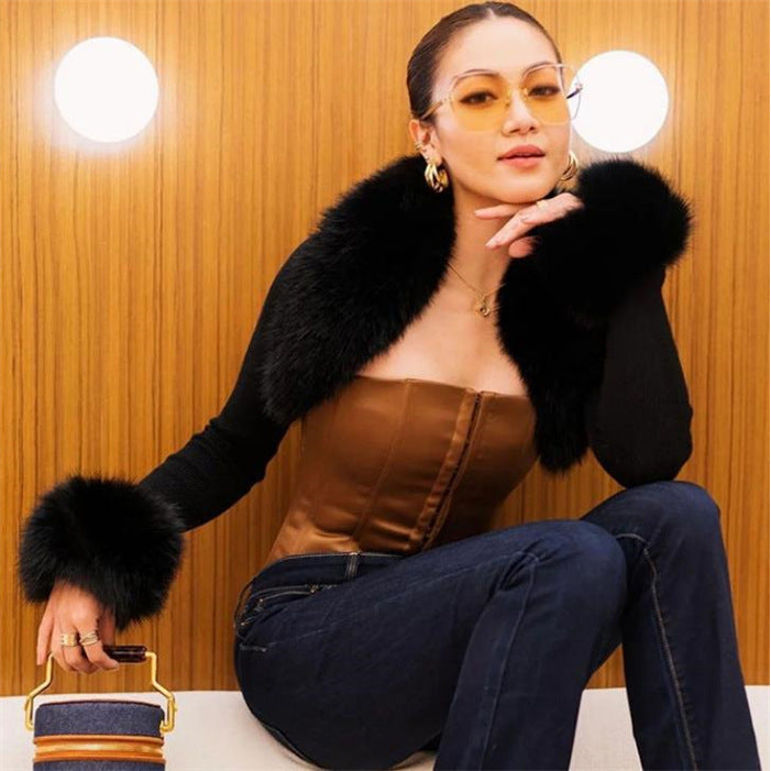 Fashion Fur Collar Knitted Short Cardigan Coat For Women