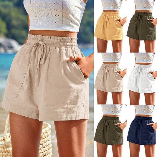 New Loose Linen Leisure Shorts Pocket Solid Color High Waist Wide Leg Pants