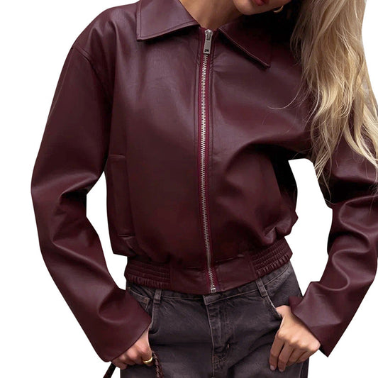 Women's Retro Lapels Zip Leather Jacket