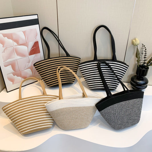Spring Contrast Color Straw Bag Large Capacity