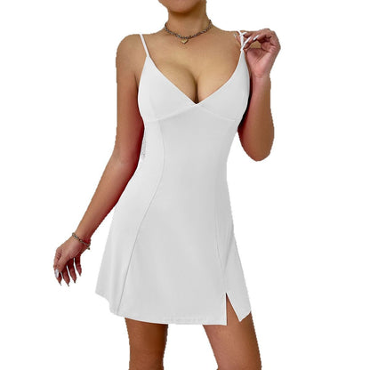 V-neck Sexy Fashion Suspenders Solid Color Sleeveless Waist Dress