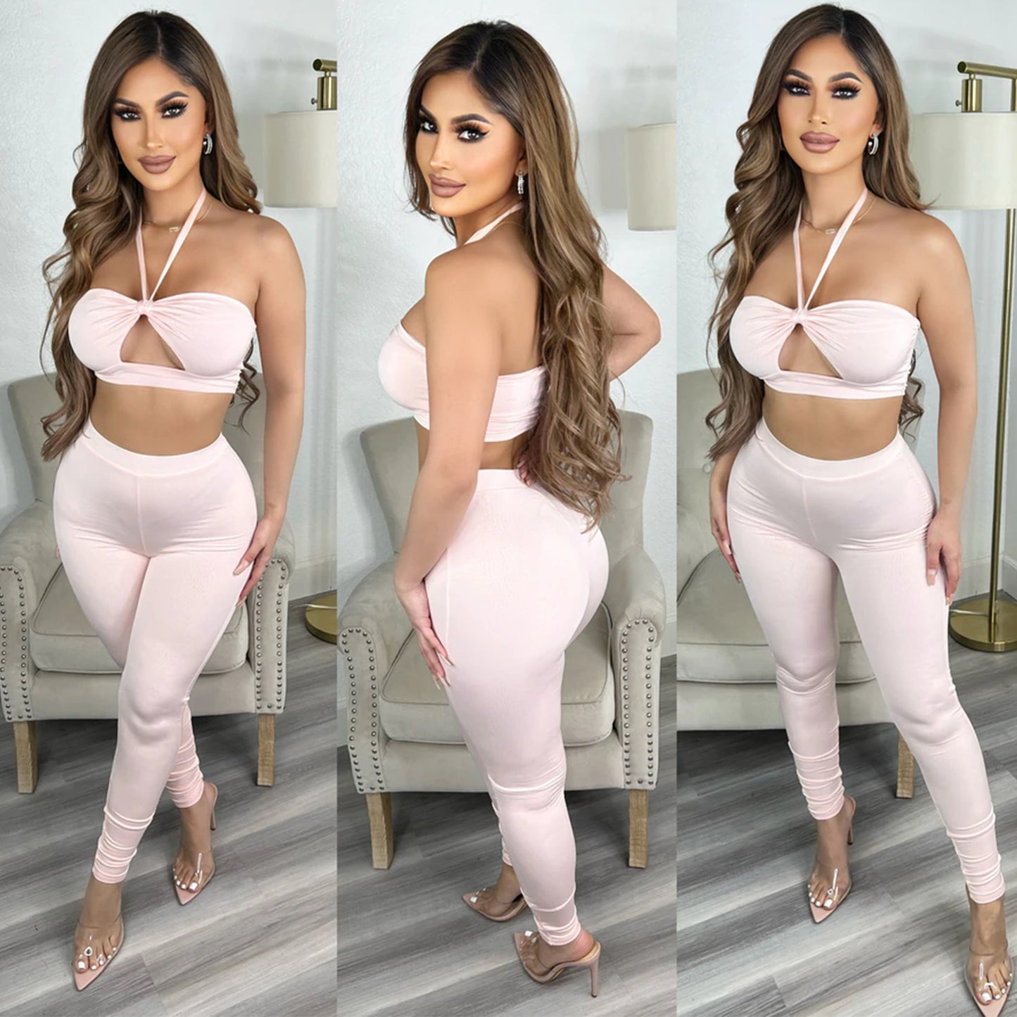 Women's Skinny Cutout Tie Two Piece Pant Set