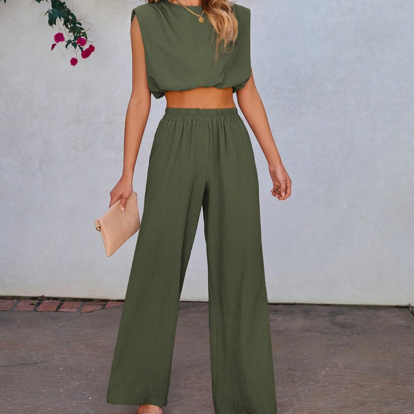 Women Solid Color Sleeveless Top And Long Pants 2-Piece Set For Vacation