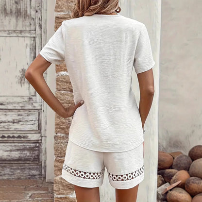 V-neck Stitching Short Sleeve Solid Color Shorts Suit Women