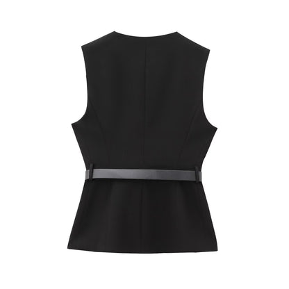 Belt Simple Sleeveless Shirt Bandage Dress Waist-tight Vest
