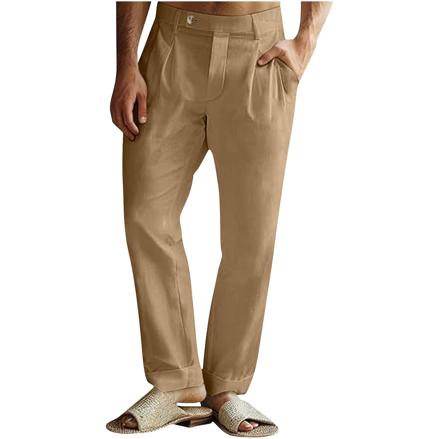 Men's Casual Cotton Linen Pants Pleated Elastic Waist Pants