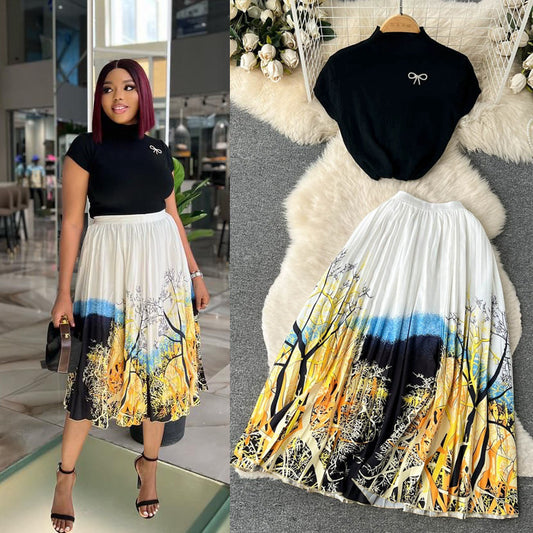 Women's Summer High-end Design Sense Niche Sleeveless Shirt Top Pleated Dress Two-piece Set