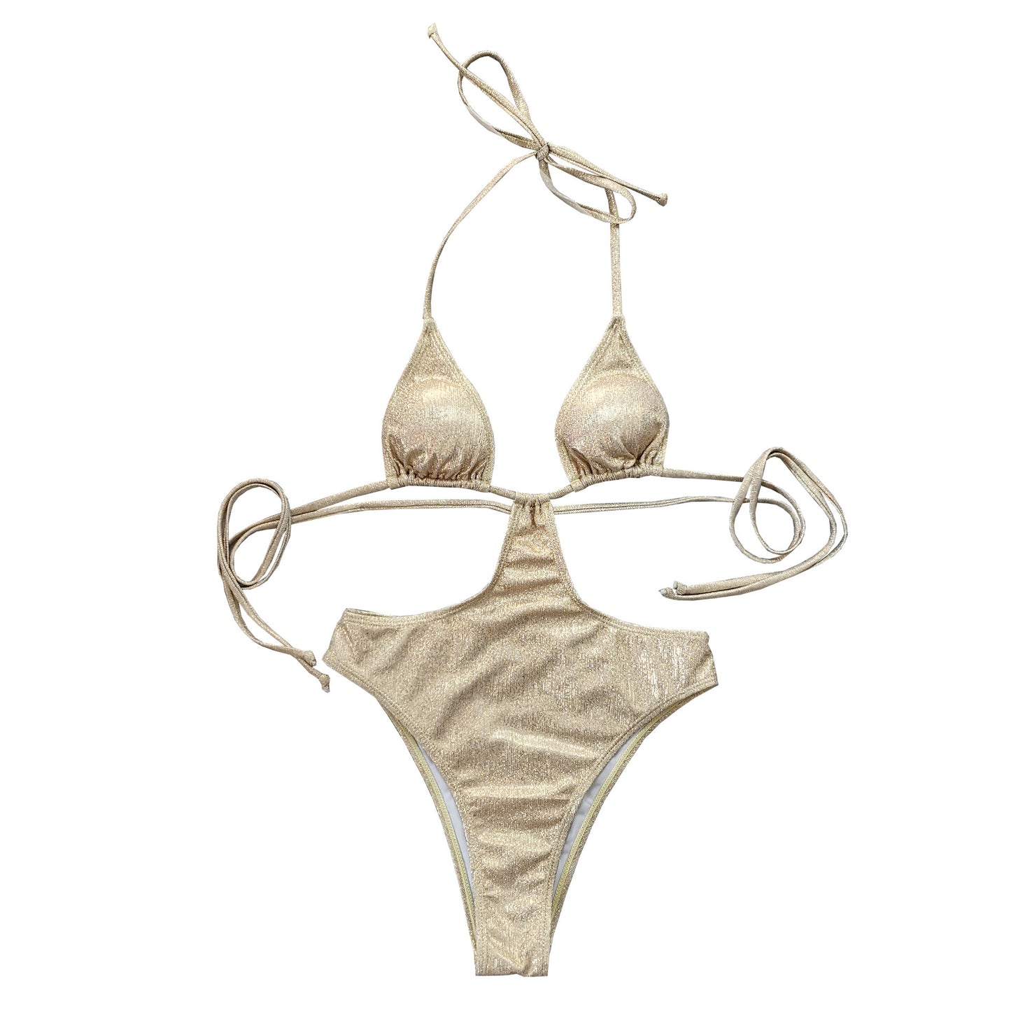 Two-Piece Beach Swimwear Set In Gold Foil Stamped Fabric
