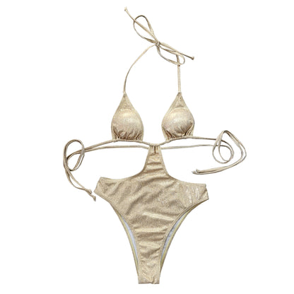 Two-Piece Beach Swimwear Set In Gold Foil Stamped Fabric