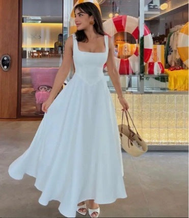 Solid Color Shoulder Strap Slim Fit Mid-length Dress