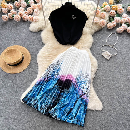 Women's Summer High-end Design Sense Niche Sleeveless Shirt Top Pleated Dress Two-piece Set