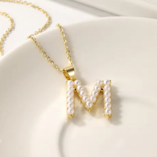 Personalized Initial Pendant With Initial Pearl Necklace Gold Monogram