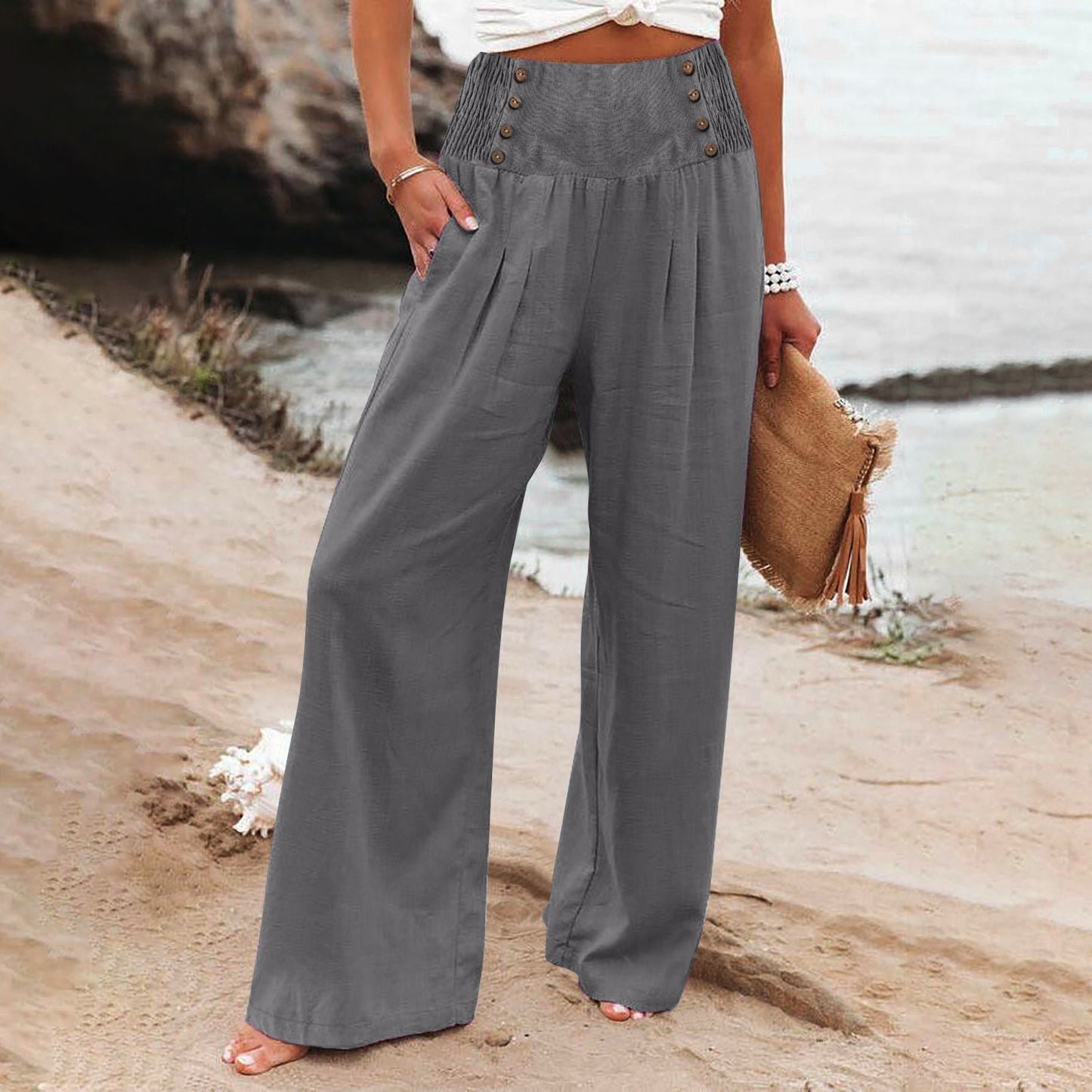 Spring And Summer Casual Elastic Waist High Waisted Women's Wide Leg Cotton Linen Loose Pants