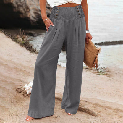 Spring And Summer Casual Elastic Waist High Waisted Women's Wide Leg Cotton Linen Loose Pants