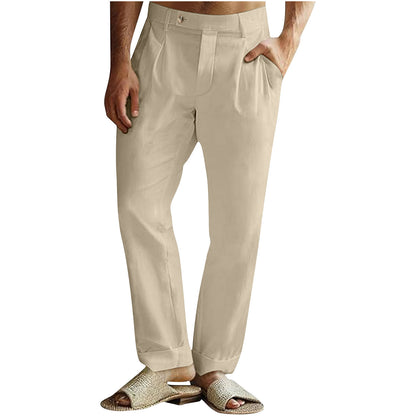 Men's Casual Cotton Linen Pants Pleated Elastic Waist Pants
