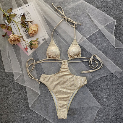 Two-Piece Beach Swimwear Set In Gold Foil Stamped Fabric