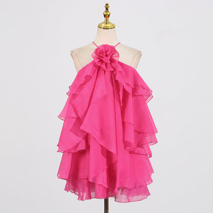 Halter Three-dimensional Flower Design Lace-up Sleeveless Dress