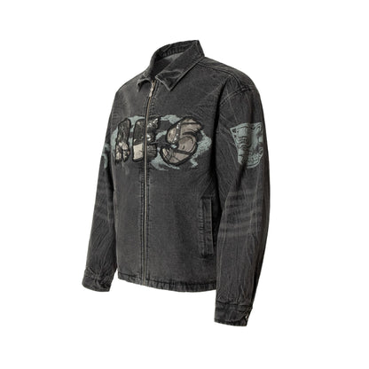 Embroidered Denim Motorcycle Jacket
