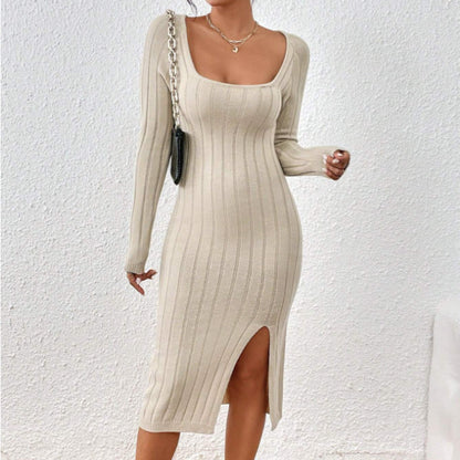 Square Collar Long Sleeve Knitted Dress Women