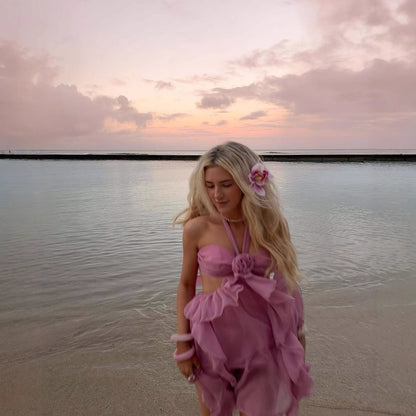 3D Corsage Lace Fashion Pleated Strapless Dress