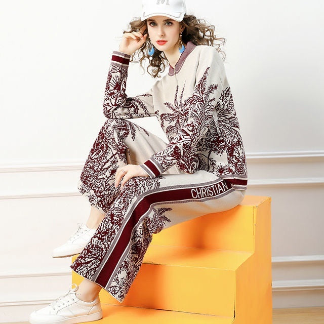 Qin Knit Cardigan Sweater Fashion Wide-leg Pants Two-piece Suit