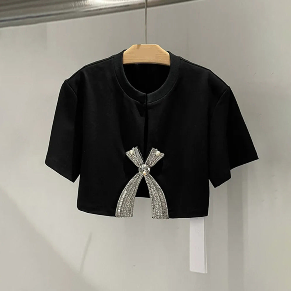 Fashion Simple Rhinestone Bow Short Sleeve T-shirt For Women