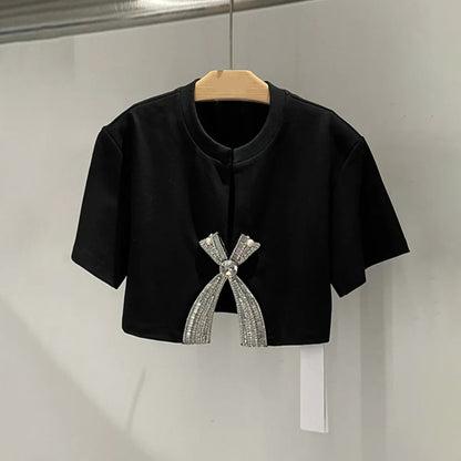 Fashion Simple Rhinestone Bow Short Sleeve T-shirt For Women