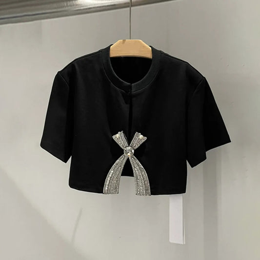 Fashion Simple Rhinestone Bow Short Sleeve T-shirt For Women