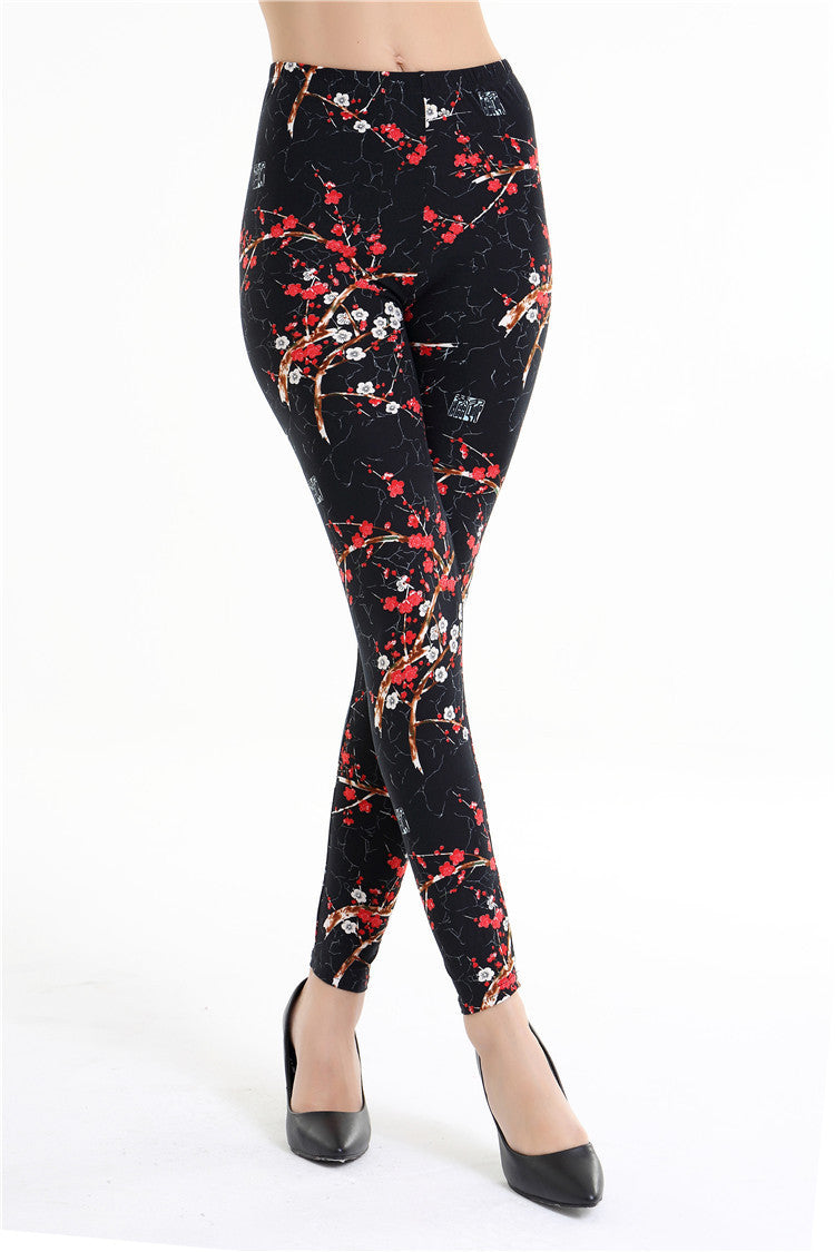 Women Color Brushed Rose Flower Print Leggings