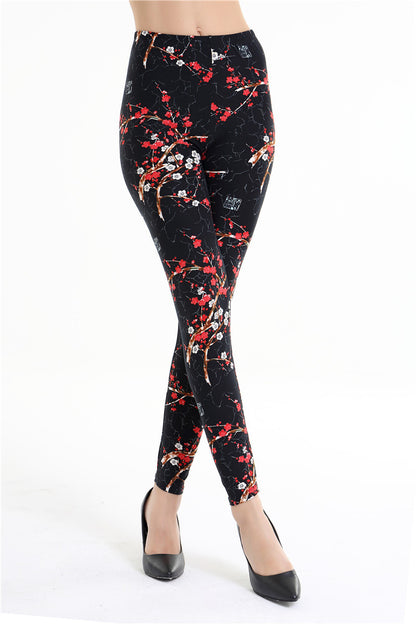 Women Color Brushed Rose Flower Print Leggings