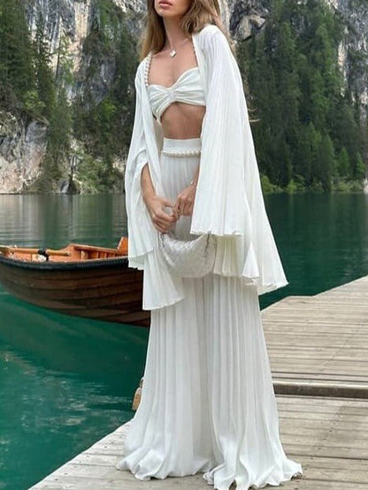 White Pleated Vest Cardigan Three-piece Wide-leg Pants Suit