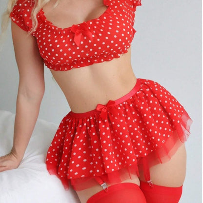 Sexy Lingerie Polka Dot Off-the-shoulder Pettiskirt Two-piece Set