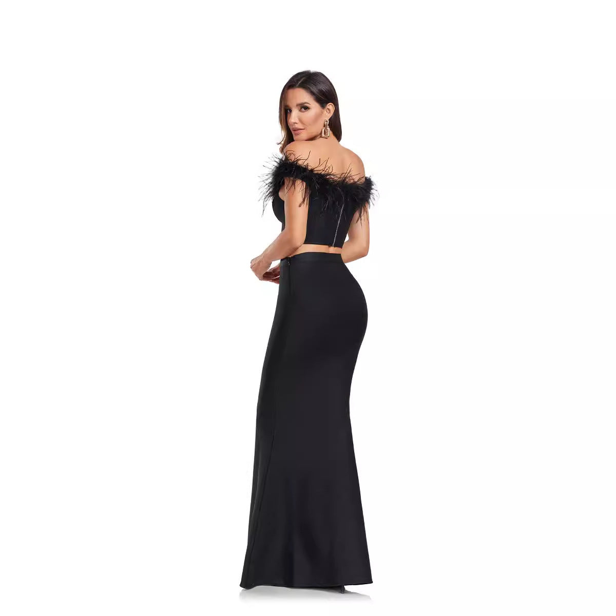 Ostrich Feather Off-shoulder Fishtail Dress Two-piece Set