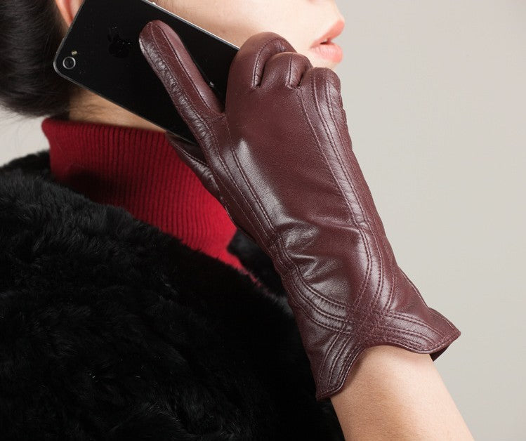 Women's Fashion Winter Warm Gloves Real Lamb Leather Handmade Curve Sheepskin Gloves
