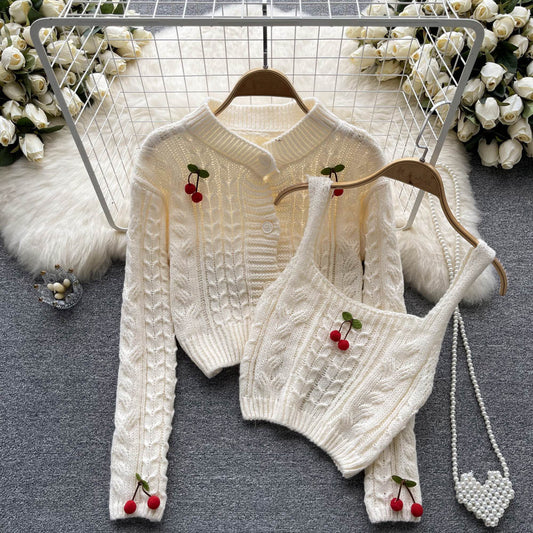 Long Sleeve Knit Sweater Cardigan Jacket Short Style Halter Vest