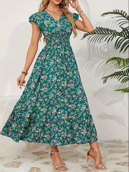 Fashion Floral Long Sleeve Waist Swing Dress