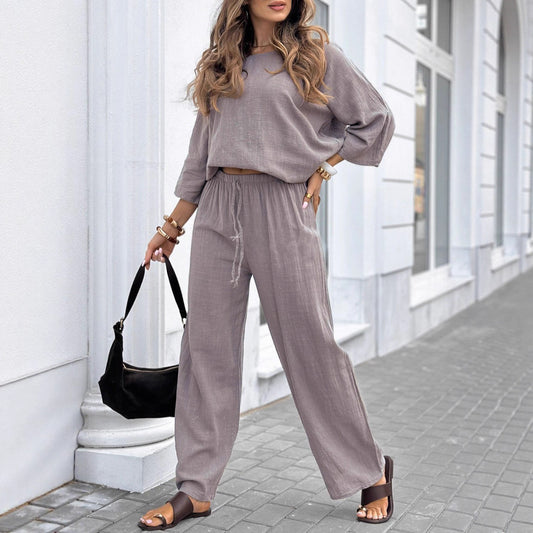 Round Neck Cotton And Linen Top Casual Lace Up Loose Pants Suit