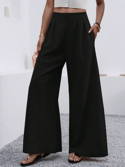 Solid Color Loose Wide Leg Elegant Pants With Pocket