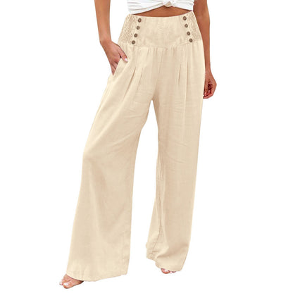 Spring And Summer Casual Elastic Waist High Waisted Women's Wide Leg Cotton Linen Loose Pants